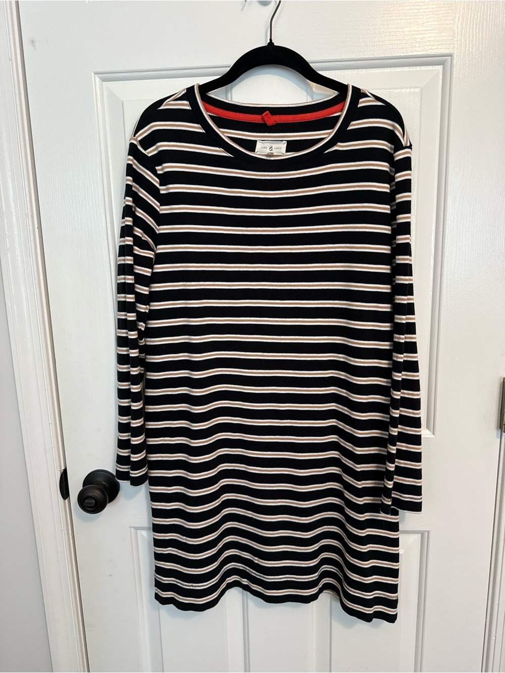 Lou & Grey Black, Tan, and Cream Striped Long Sleeve Dress